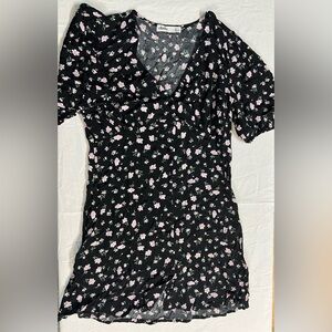 Elodie Floral Dress Womens Large Black Pink Flower Print Button Front